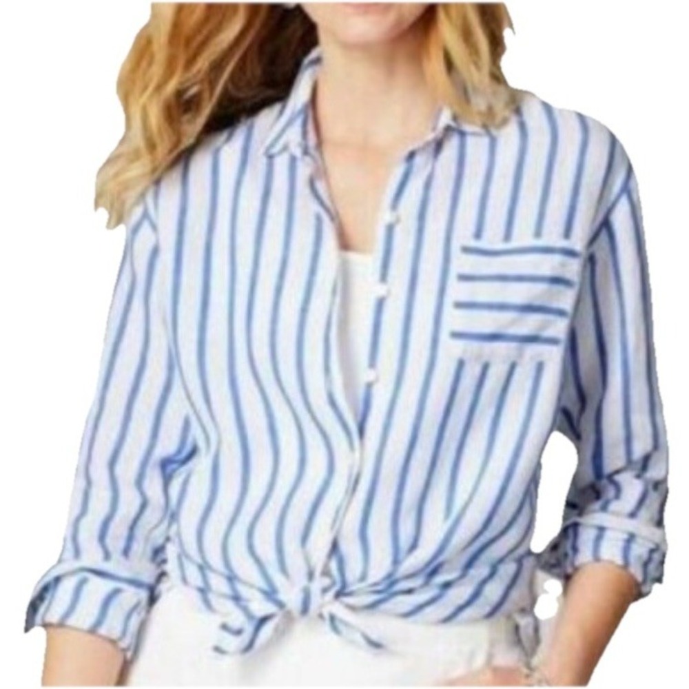 J. Jill Love Linen Long Sleeve Striped Button Front Top Blue White Size L Beach
